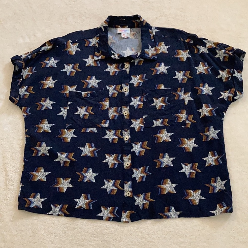 Lularoe Amy Dolman Button down top - XS - dark navy blue with stars